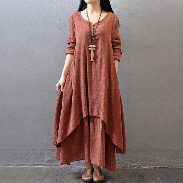 Spring and autumn holiday two-piece long skirt, artistic large linen dress, loose long-sleeved cotton and linen skirt