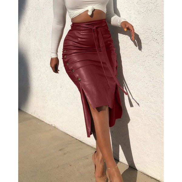 Autumn and winter European and American foreign trade leather skirt Amazon women's clothing hot sale Slim fit split mid-length buttock skirt PU skirt 