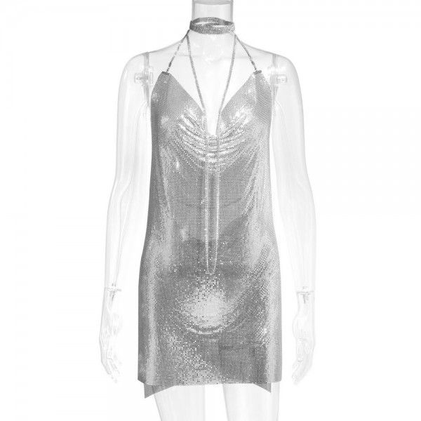 European and American women's open-back metal sequin sexy suspender V-neck neck with diamond chain nightclub split dress 627 