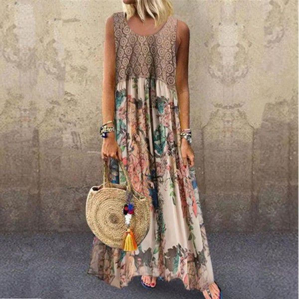 Printed dress color contrast panel round neck sleeveless long dress European and American dress