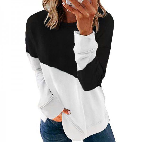 European and American cross-border women's clothing 2021 Amazon new color-blocking long-sleeved round neck color-blocking loose sweater T-shirt top women 