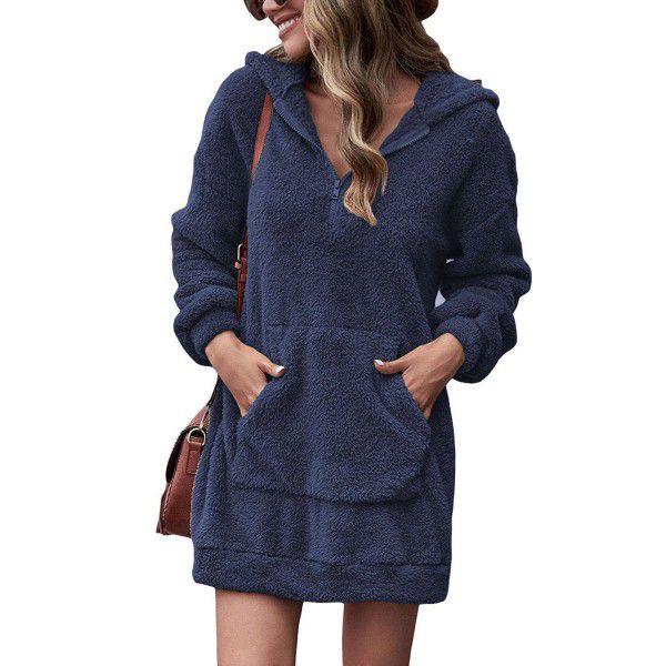 New European and American cross-border autumn and winter women's double-sided velvet hood loose zipper plush pocket sweater coat 
