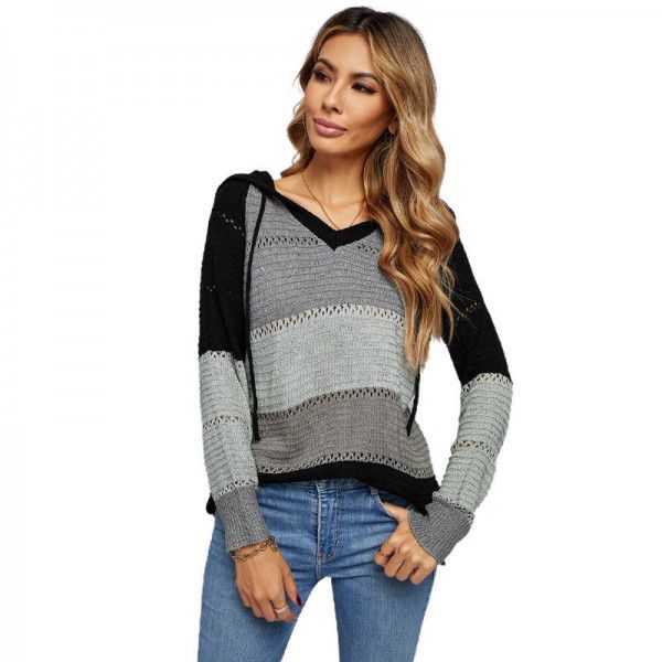 Shiying knitted hooded sweater female European and American long-sleeved loose color striped pullover spring and autumn cross-border sweater female 