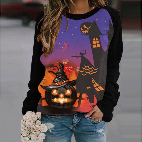 Factory direct sales 2021 women's Halloween round neck pullover long sleeve casual loose pumpkin print women's sweater 