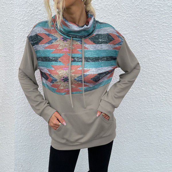 Cross-border new product 2021 autumn and winter new European and American women's clothing pile collar pullover fashion printing color matching women's sweater women 