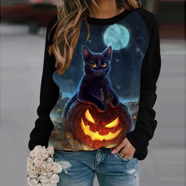 Factory direct sales 2021 women's Halloween round neck pullover long sleeve casual loose pumpkin print women's sweater 