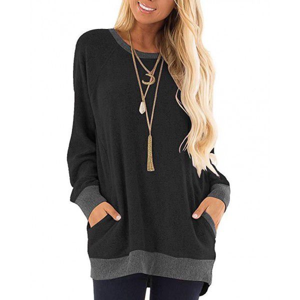 Autumn and winter women's round neck contrast pocket sweater long-sleeved pullover sweatshirt casual T-shirt