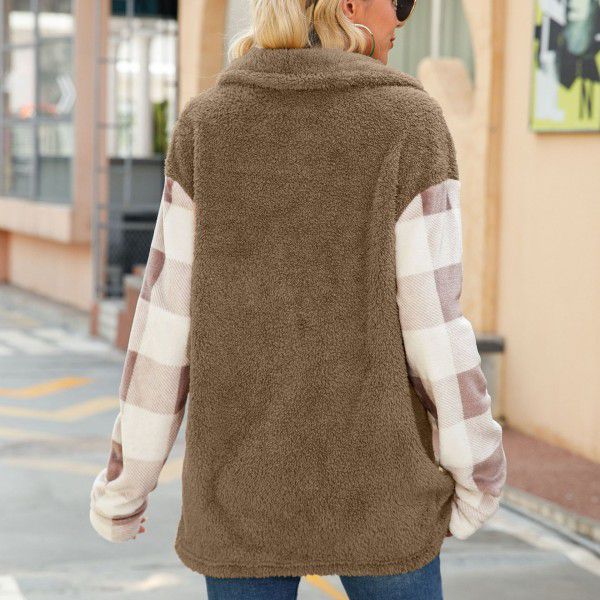 Flashy European and American autumn women's coat plush coat lapel long-sleeved double-sided flannel plaid sweater 