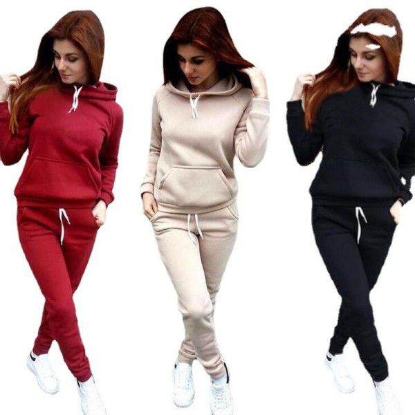Cross-border European and American spring wear 2022 new sweater suit women's long-sleeved hooded women's top casual color matching pullover 