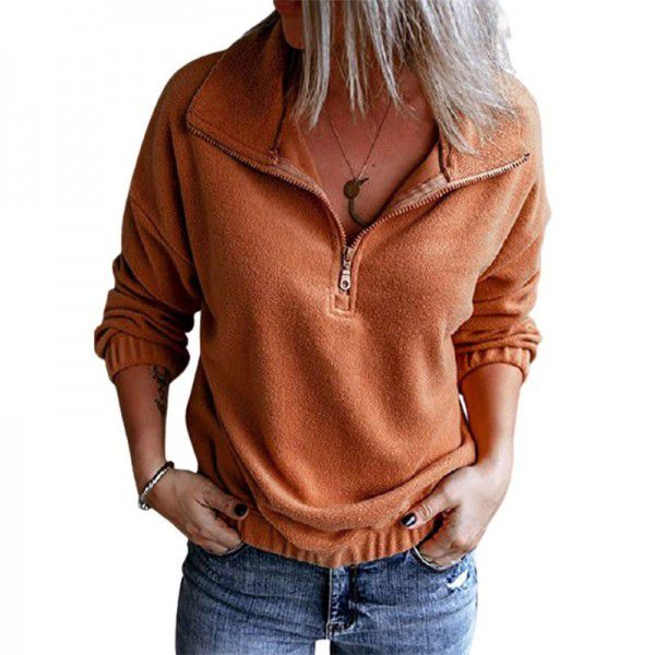 European and American solid color fleece stand neck zipper sweater women Amazon hem rubber band casual long-sleeved top women