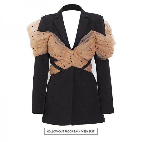 Small suit jacket women's 2022 winter new mesh stitching small net red black casual suit top trend 