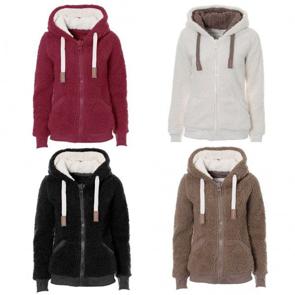 European and American cross-border autumn and winter hooded plush cardigan long-sleeved sweater women's jacket loose coat 