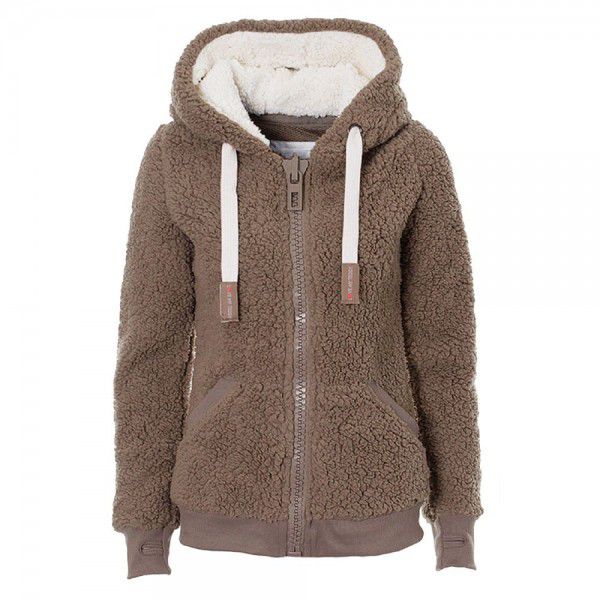 European and American cross-border autumn and winter hooded plush cardigan long-sleeved sweater women's jacket loose coat 
