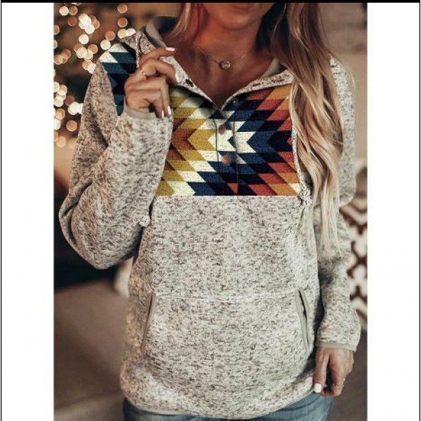 Cross-border Amazon hoodie casual loose long-sleeved drawcord pullover sweatshirt with pocket print top sweater 