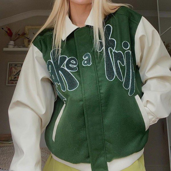 Autumn American fashion lapel jacket loose casual coat green patchwork flocked embroidered baseball jacket