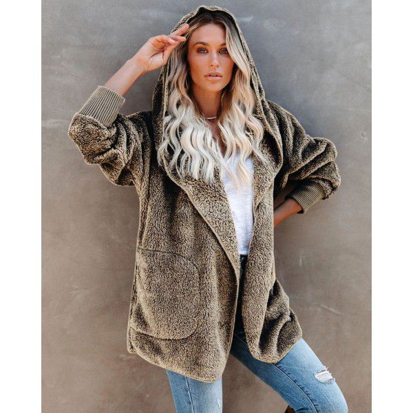 Women's long-sleeved coat casual hooded solid color cardigan plush woman