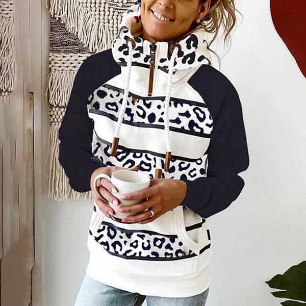 Cross-border European and American autumn and winter women's printed hooded drawstring sweater loose pullover casual sweater women 