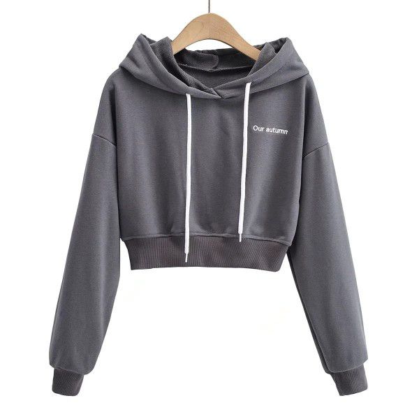 European and American women's 2021 new ins fashion letter embroidery hooded short lace up long sleeve pullover casual sweater 
