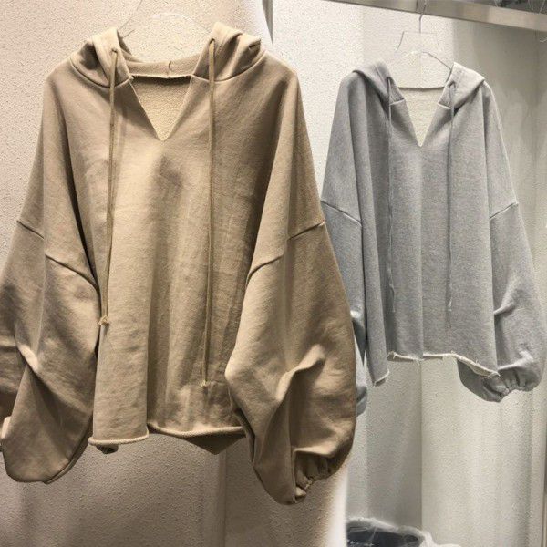 Cotton sweater women's hooded spring and autumn new thin loose Korean version solid color V-neck student top women's dress is issued on behalf of one 