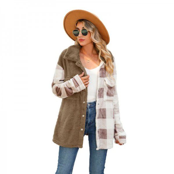 Flashy European and American autumn women's coat plush coat lapel long-sleeved double-sided flannel plaid sweater 