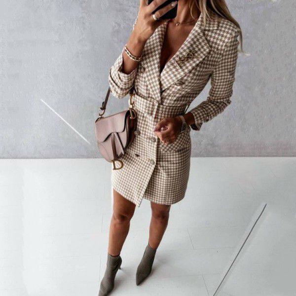Spot Cross-border Express wish autumn and winter new fashion long-sleeved belt color suit dress coat woman 