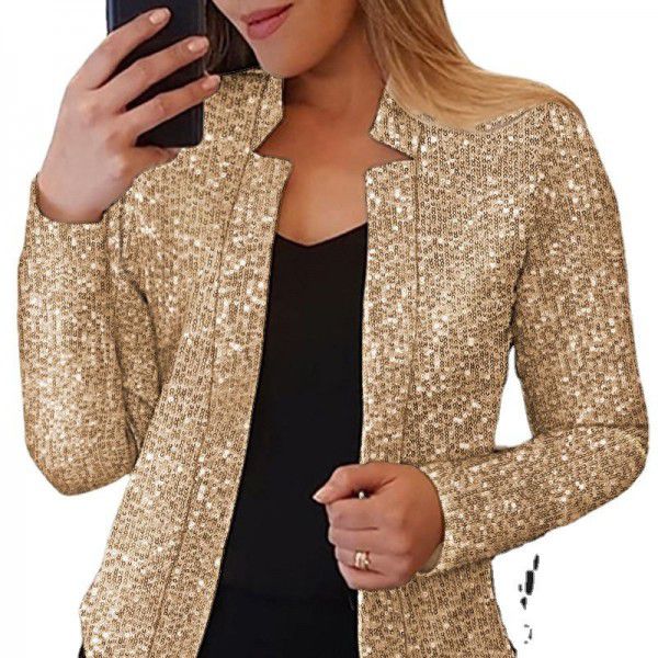 Women's gold sequin color matching short fashion casual women's coat