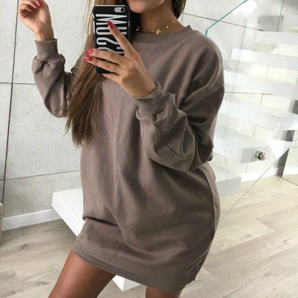 European and American winter new casual round-neck solid color medium length sweater dress for women