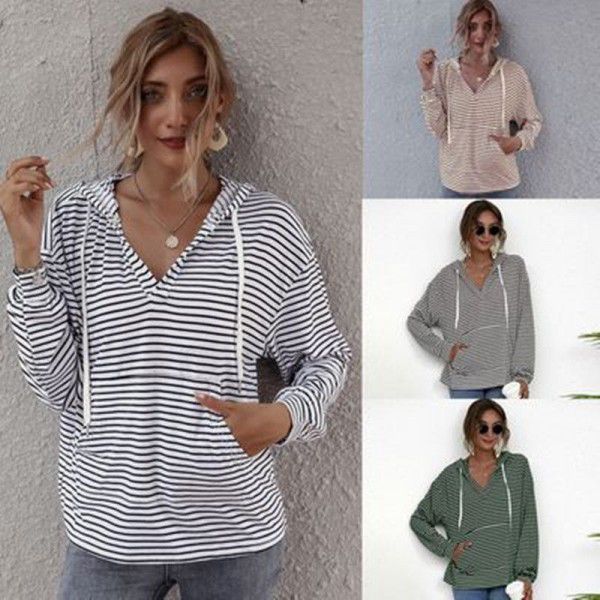 Spring new European and American women's hooded striped top loose sweater women