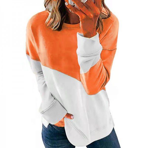 European and American cross-border women's clothing 2021 Amazon new color-blocking long-sleeved round neck color-blocking loose sweater T-shirt top women 