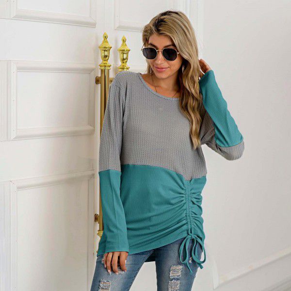 European and American new patchwork knitwear drawcord round neck versatile sweater women's large stock