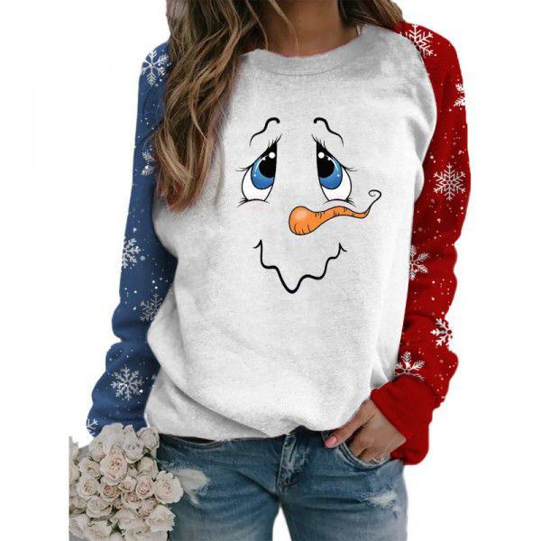 Autumn and winter Christmas popular women's sweater snowman face print round neck long-sleeved sweater woman