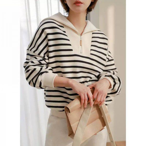 Striped women's sweater women's design sense small spring and summer new fashion casual age reduction loose top autumn and winter women's clothing 
