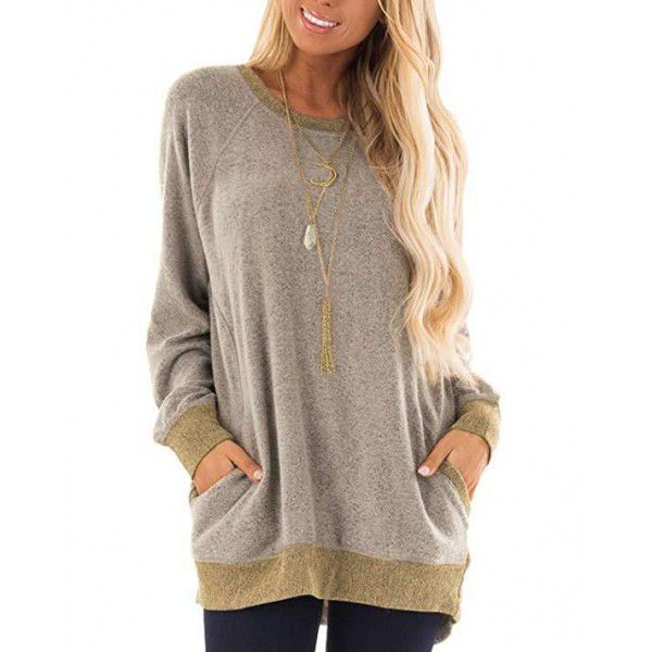 Autumn and winter women's round neck contrast pocket sweater long-sleeved pullover sweatshirt casual T-shirt