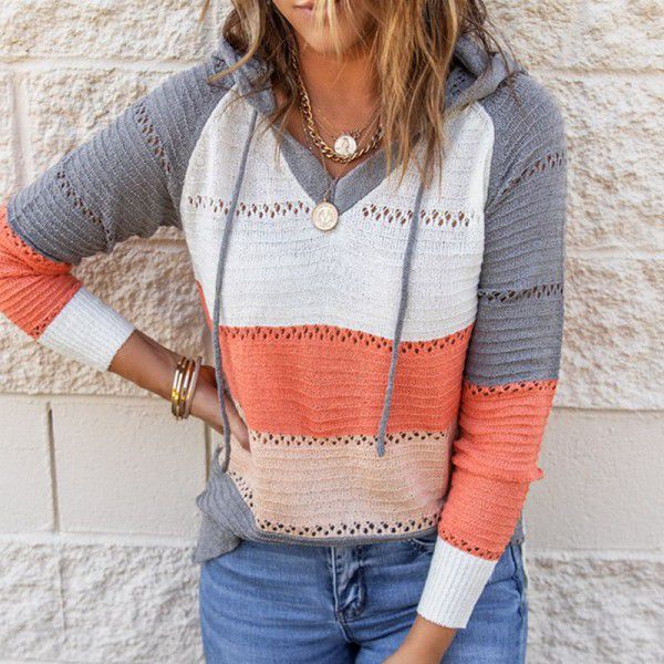 Shiying knitted hooded sweater female European and American long-sleeved loose color striped pullover spring and autumn cross-border sweater female 