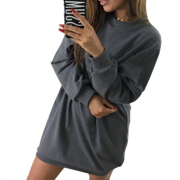 European and American winter new casual round-neck solid color medium length sweater dress for women