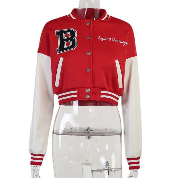 Color-blocking printing leather sleeve baseball jacket short jacket women's 2022 cross-border new jacket 