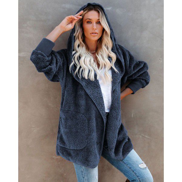 Women's long-sleeved coat casual hooded solid color cardigan plush woman