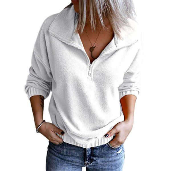 European and American solid color fleece stand neck zipper sweater women Amazon hem rubber band casual long-sleeved top women
