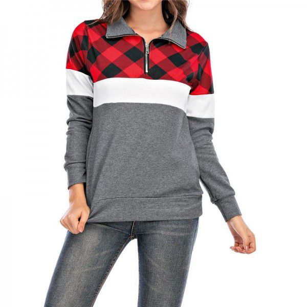 Cross-border autumn and winter new Amazon hot sale long-sleeve plaid stitching zipper pocket T-shirt casual sweater blouse 