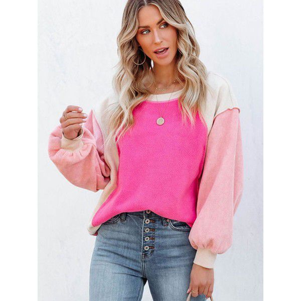 Shiying Women's 2022 Winter Fashion New Suede Sweater Contrast Color Long Sleeve Round Neck Pullover Sweater 25312351 
