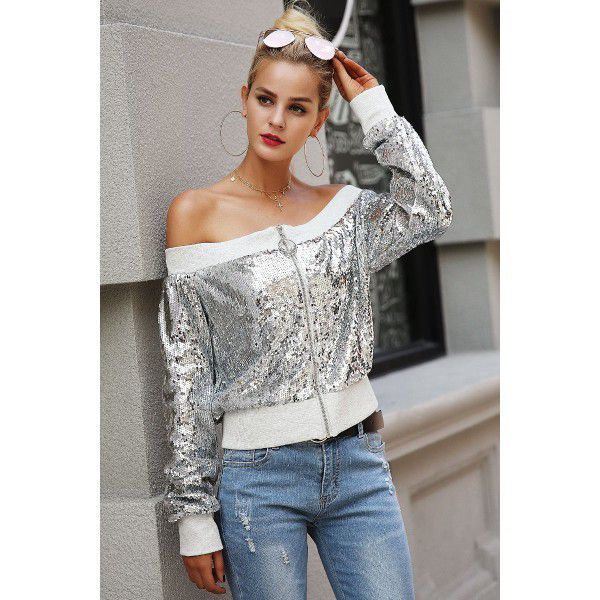Spring women's zipper silver white jacket sexy one-line neck sequin patchwork jacket casual top