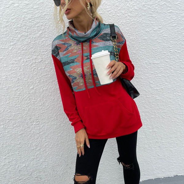 Cross-border new product 2021 autumn and winter new European and American women's clothing pile collar pullover fashion printing color matching women's sweater women 