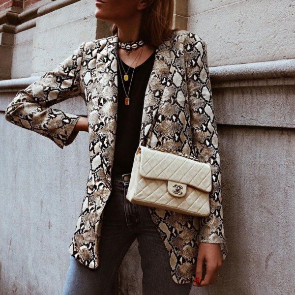 European and American new women's snake print long-sleeved slim jacket small suit