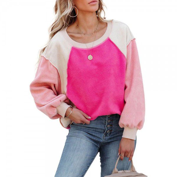 Shiying Women's 2022 Winter Fashion New Suede Sweater Contrast Color Long Sleeve Round Neck Pullover Sweater 25312351 