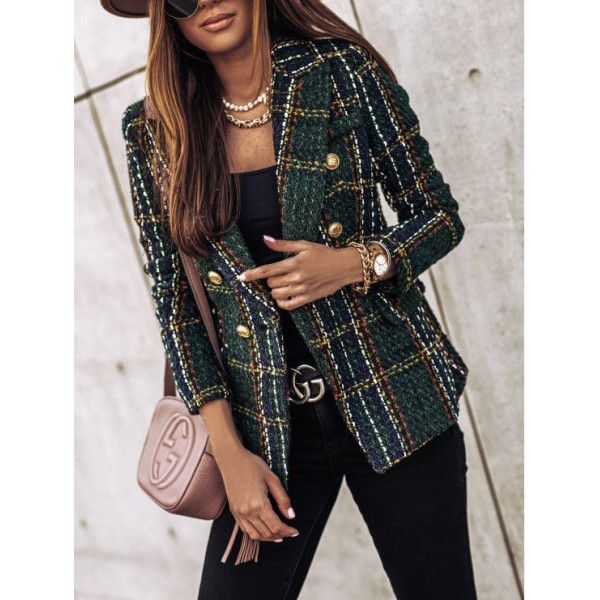 Autumn and winter long-sleeved double-breasted suit collar printed jacket for women
