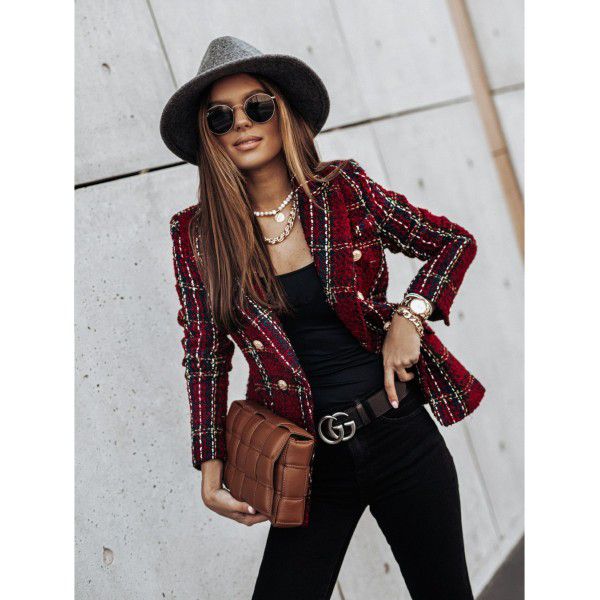 Autumn and winter long-sleeved double-breasted suit collar printed jacket for women