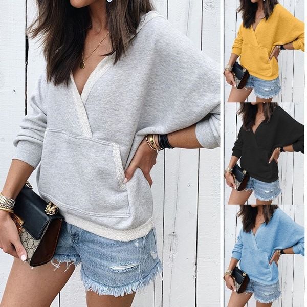 Wish Amazon eBay autumn and winter new long-sleeve patchwork pocket V-neck sweater for women S0421 
