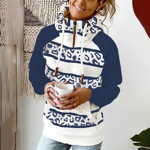 Cross-border European and American autumn and winter women's printed hooded drawstring sweater loose pullover casual sweater women 