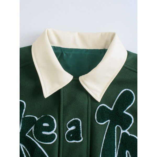 Autumn American fashion lapel jacket loose casual coat green patchwork flocked embroidered baseball jacket