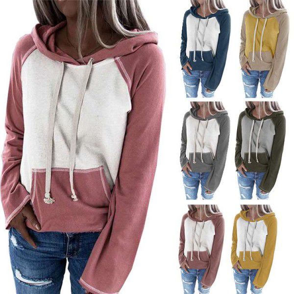 Women's wear 2021 new spring and autumn wish Amazon cross-border popular European and American top color matching hooded sweater women 